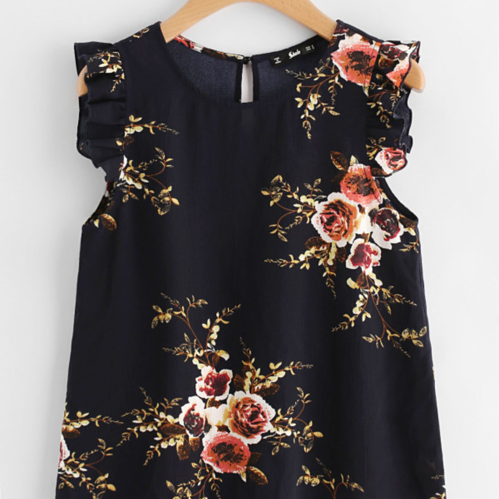 SHEIN Navy Floral Ruffle-Sleeve Blouse